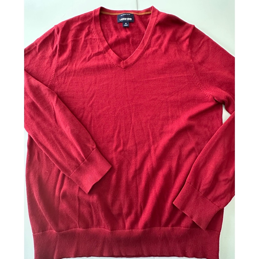 Lands End Mens Red V-Neck Sweater 100% Supima Cotton Size M 38-40 Long Sleeve